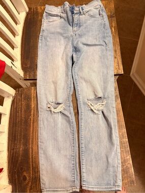 Express Jeans Slim Super High Rise Distressed- Light Wash, 2R